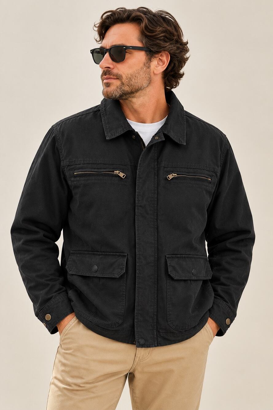 WenVen Mens Sz 2XL Black Cotton Field Jacket Utility Military Workwear 4 Pocket